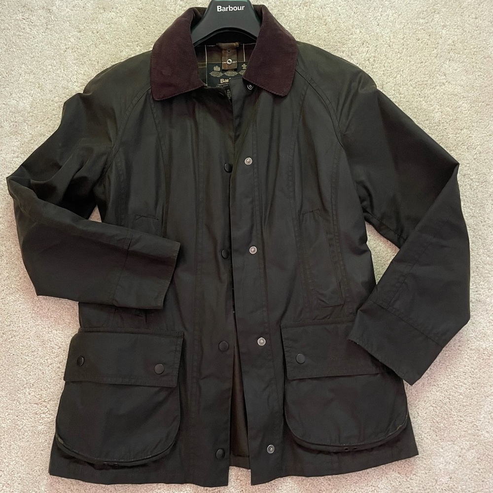 Olive Green Barbour coat with hood